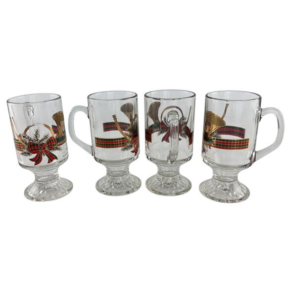 Vintage Culver Footed Irish Coffee Mugs Christmas Gold & Red Horn Set Of 4 - Picture 7 of 16